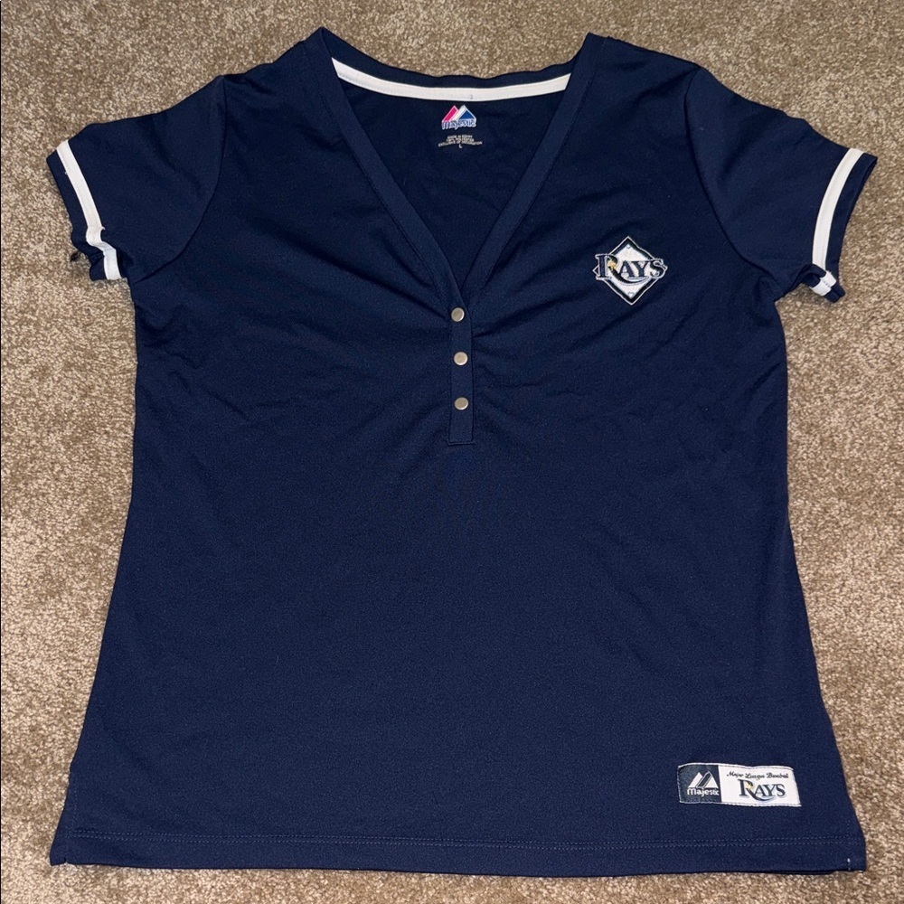 Majestic Tampa Bay Rays Navy Blue V-Neck Jersey Shirt - large. P